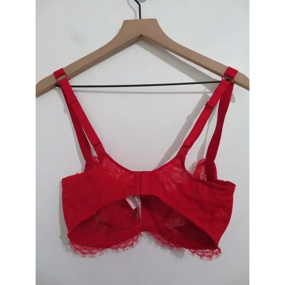 Victoria's Secret Women Sz 36DDD Red Very Sexy Push Up Bra Rhinestone Straps